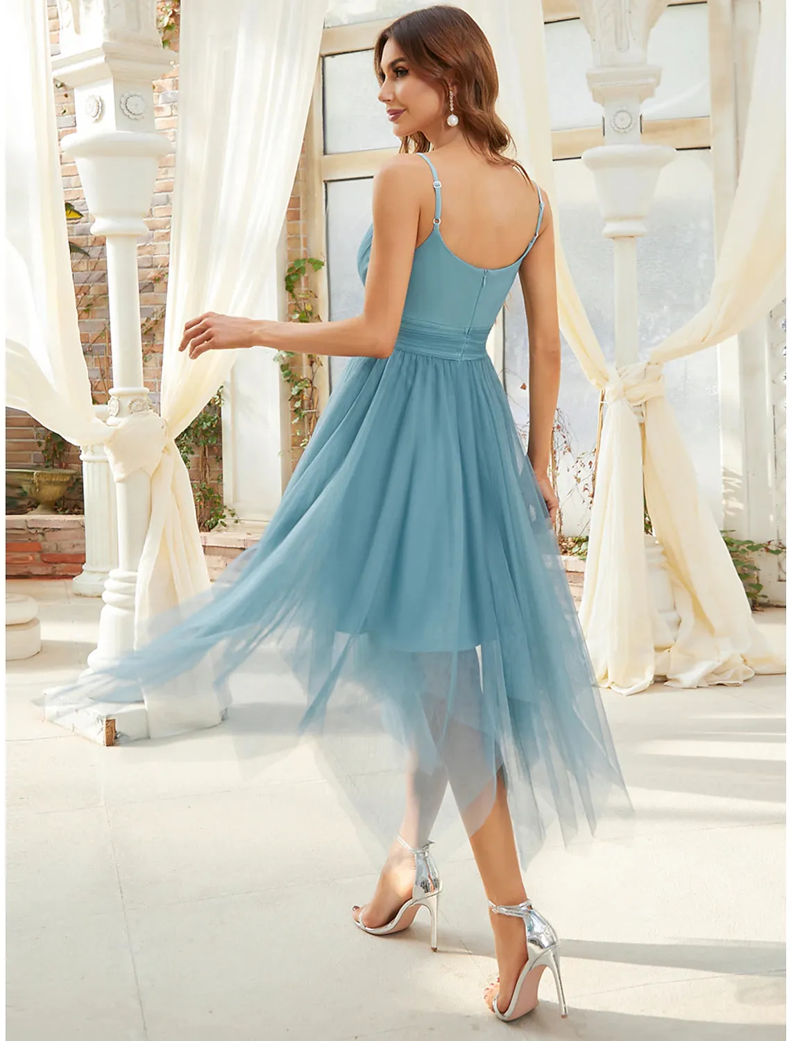 Aimishang A-Line Flirty Cute Cocktail Party Dress V Neck Sleeveless Asymmetrical Tulle with Pearls Tier