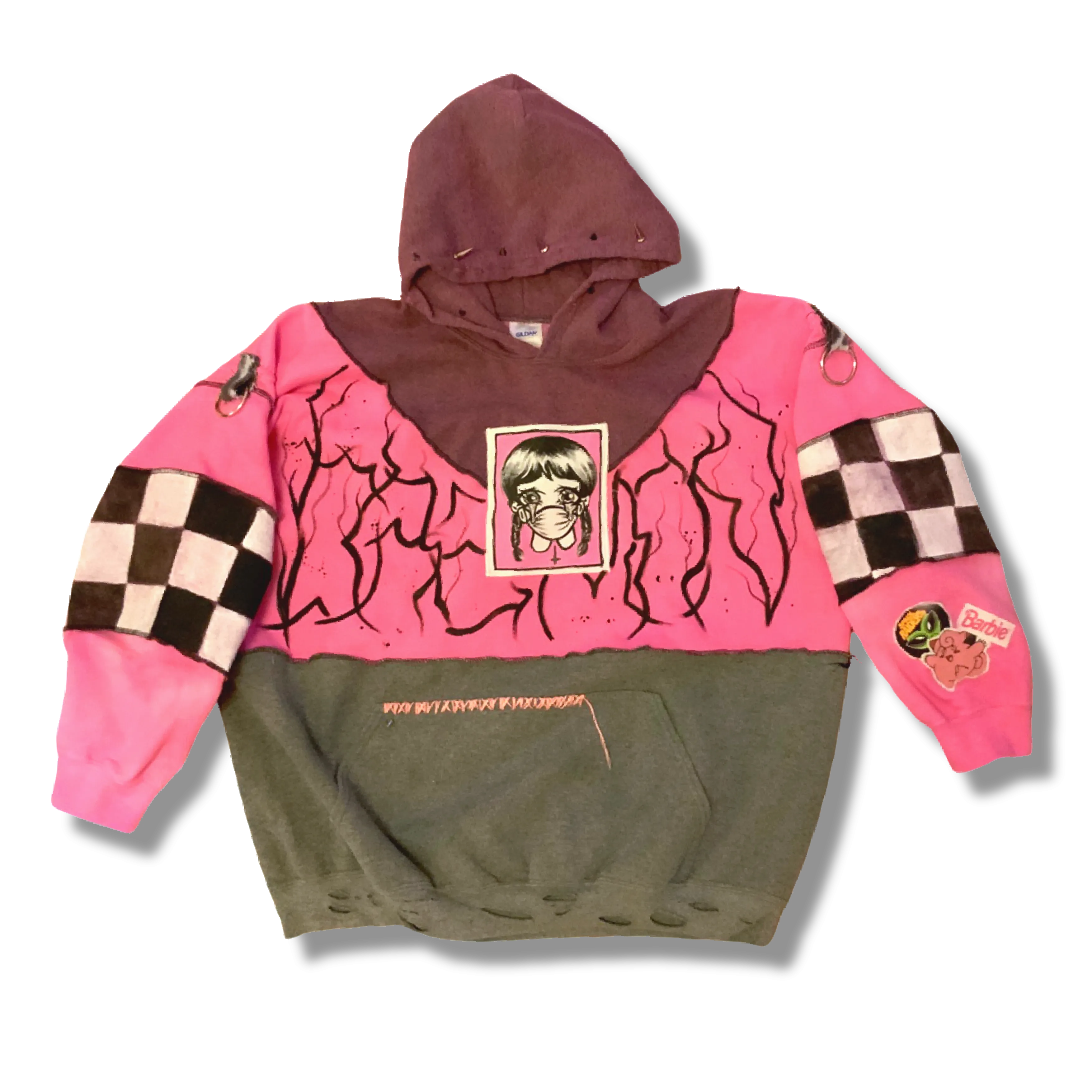 Handmade Reworked DIY Patch Pink Space Raiders Hoodie - 2XL
