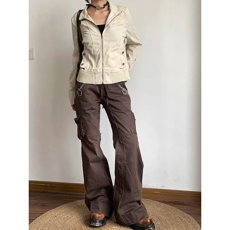 J-fashion Y2K brown Spliced High Rise Flare Jeans