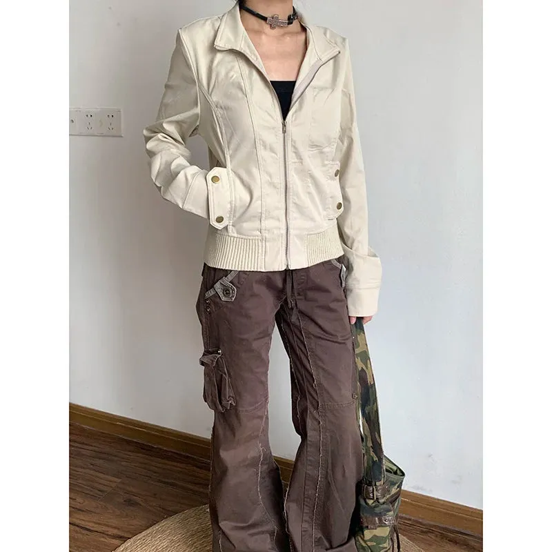 J-fashion Y2K brown Spliced High Rise Flare Jeans