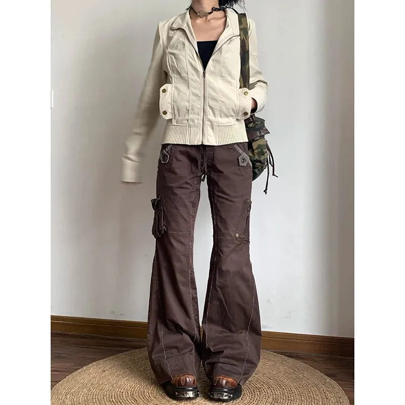 J-fashion Y2K brown Spliced High Rise Flare Jeans