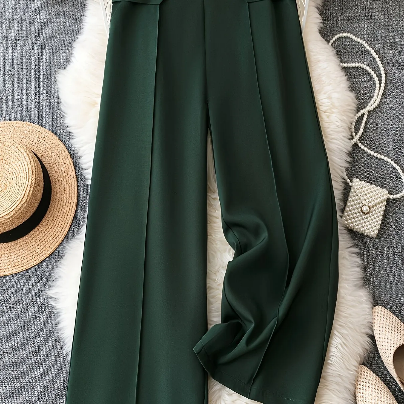 Plus Size Elegant Pants, Women's Plus Solid Stitching Button Detail High Rise Wide Leg Trousers