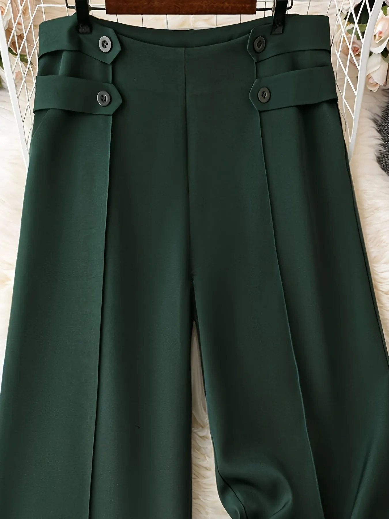 Plus Size Elegant Pants, Women's Plus Solid Stitching Button Detail High Rise Wide Leg Trousers