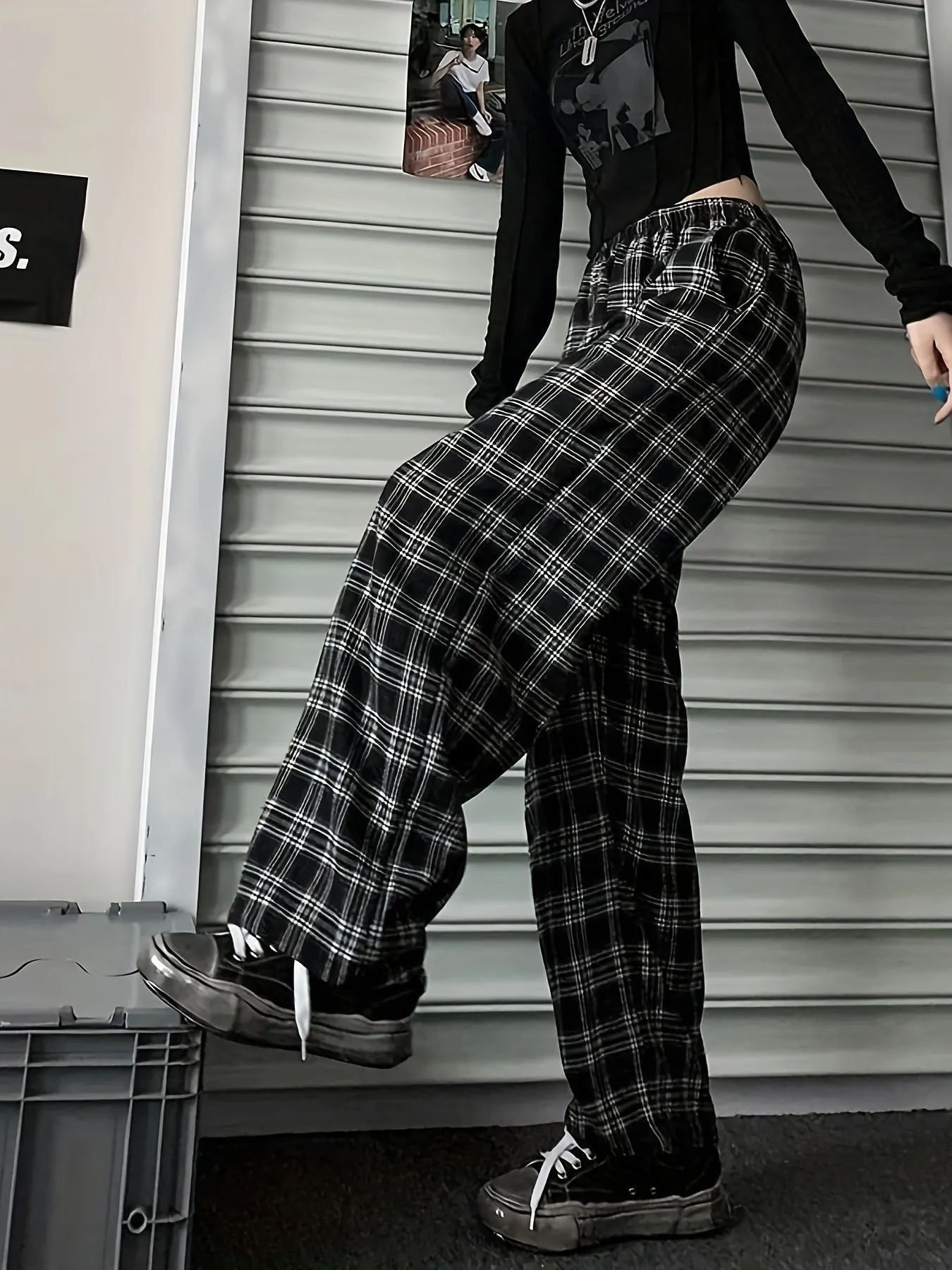 realaiot  Plus Size Casual Pants, Women's Plus Plaid Print Elastic High Rise Wide Leg Trousers With Pockets