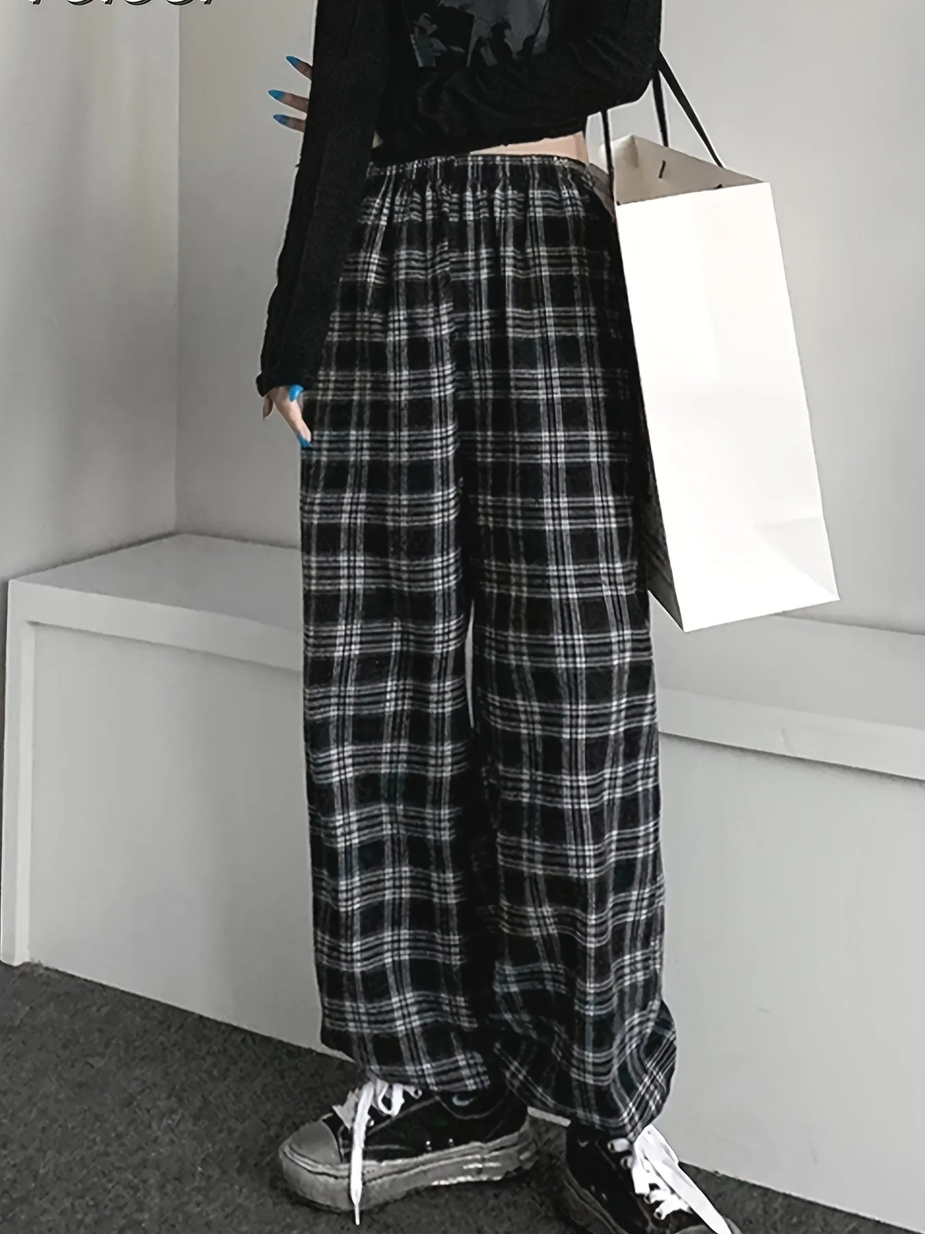 realaiot  Plus Size Casual Pants, Women's Plus Plaid Print Elastic High Rise Wide Leg Trousers With Pockets