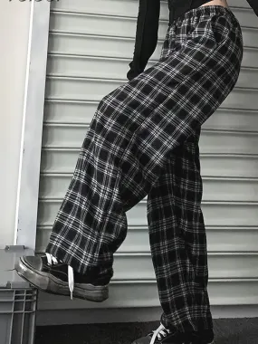 realaiot  Plus Size Casual Pants, Women's Plus Plaid Print Elastic High Rise Wide Leg Trousers With Pockets