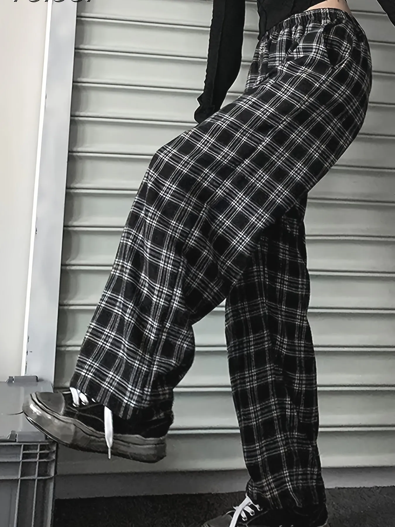 realaiot  Plus Size Casual Pants, Women's Plus Plaid Print Elastic High Rise Wide Leg Trousers With Pockets