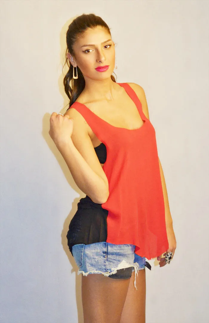 Shredded Back Top - Red