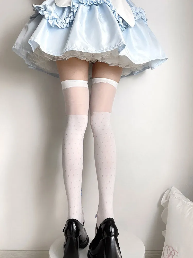 White and Blue Bow Semi-sheer Cross and Wing Print Over Knee Stockings